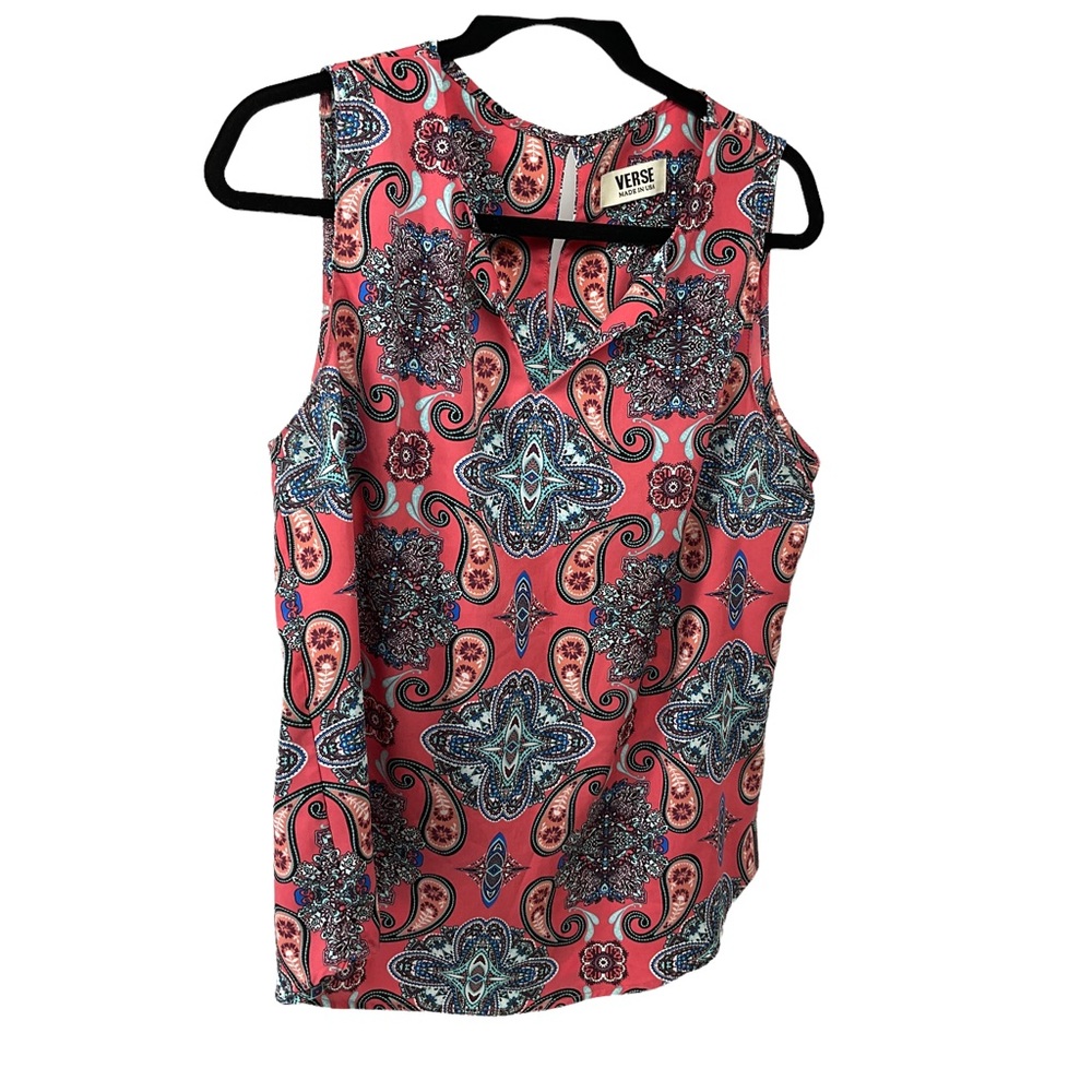 VERSE Multi Color Sleeveless Blouse Split Neck Key Hole In‎ Back Size Large